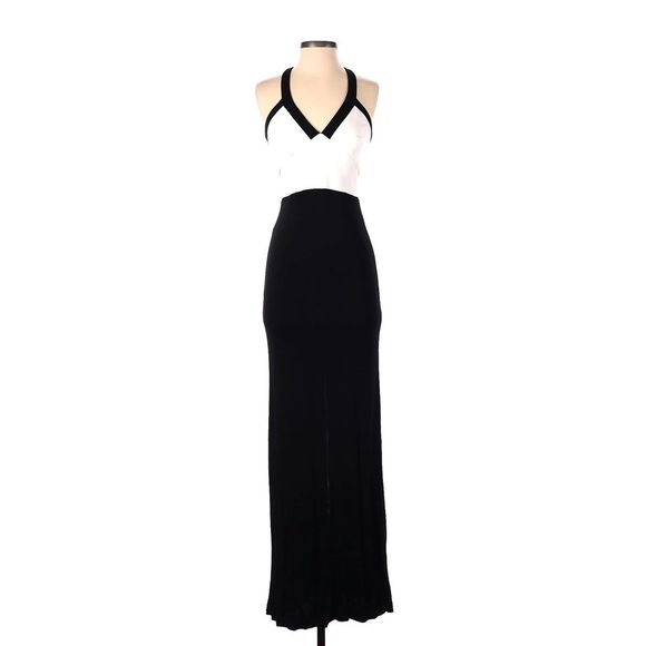 ABS Allen Schwartz ~ Black & White Jersey V Neck Cut-Out Formal Gown Maxi Dress - Picture 2 of 7